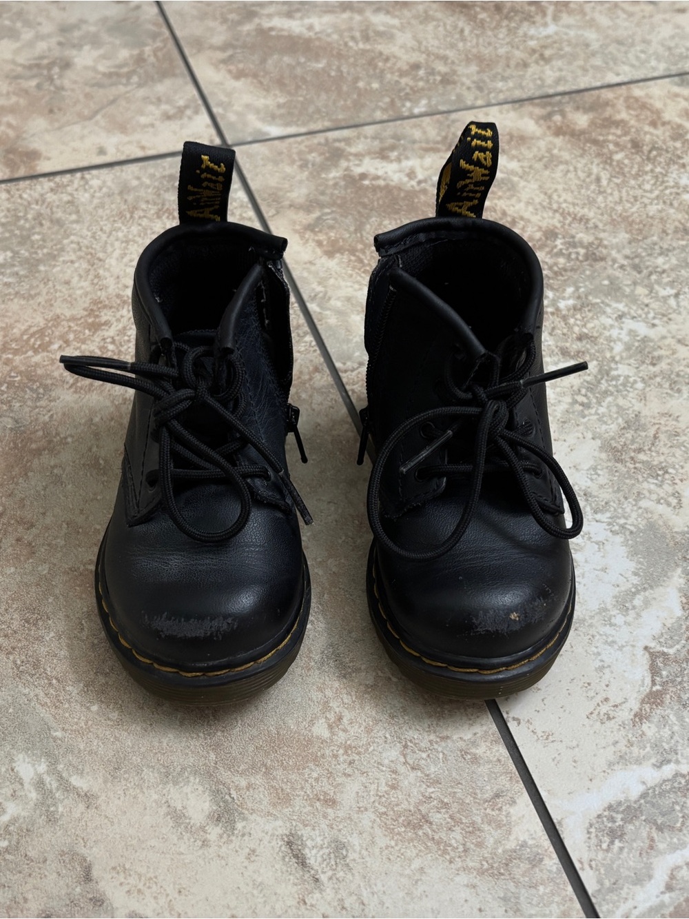 Dr. Martens Black Kids Lace-Up Ankle Boots with Yellow Stitching